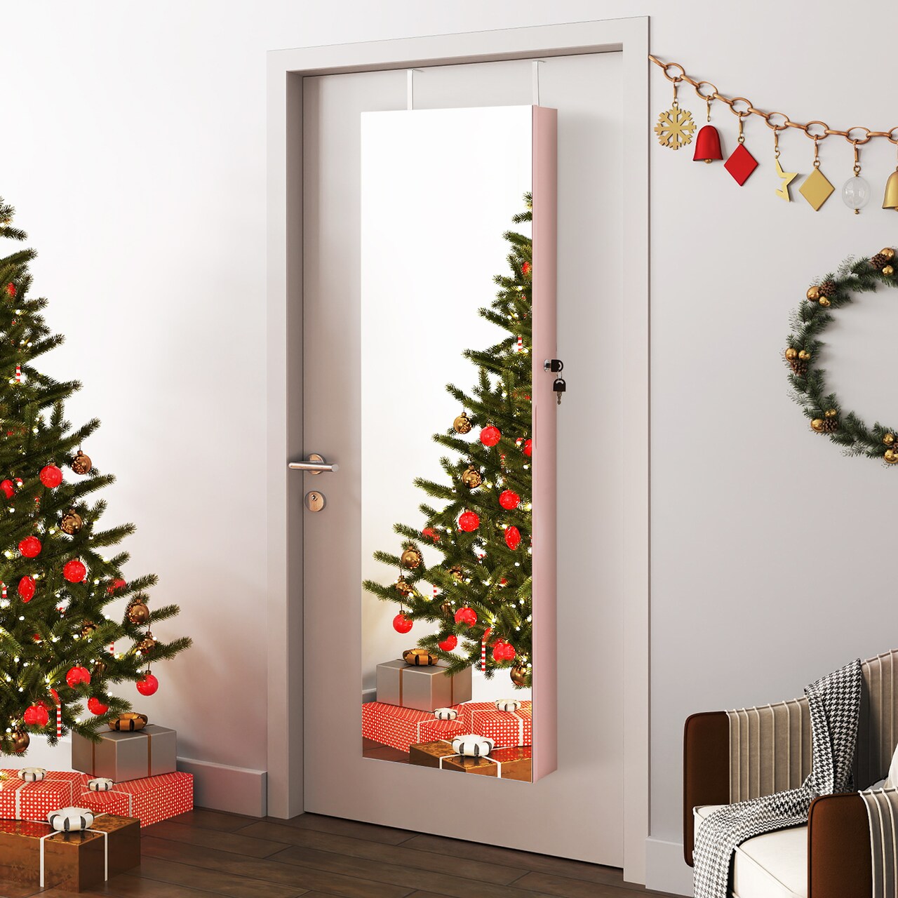 Wall Mounted Lockable Jewelry Cabinet Armoire with Mirror and LED Lights Ideal for Large Rooms